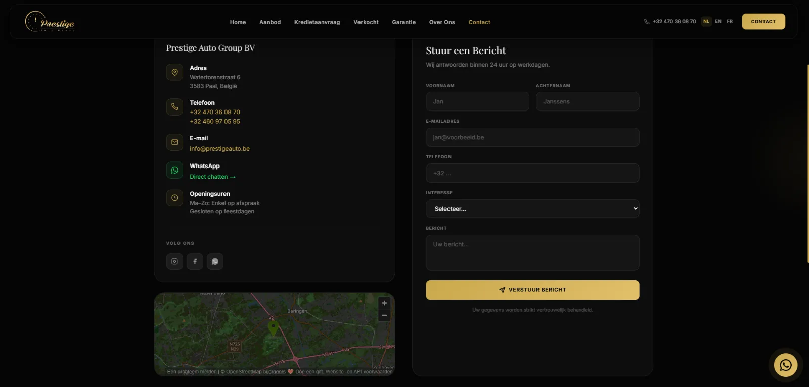 Contactpagina van Prestige Auto Group: adres, telefoon, WhatsApp en openingsuren naast een contactformulier, met een kaart eronder.