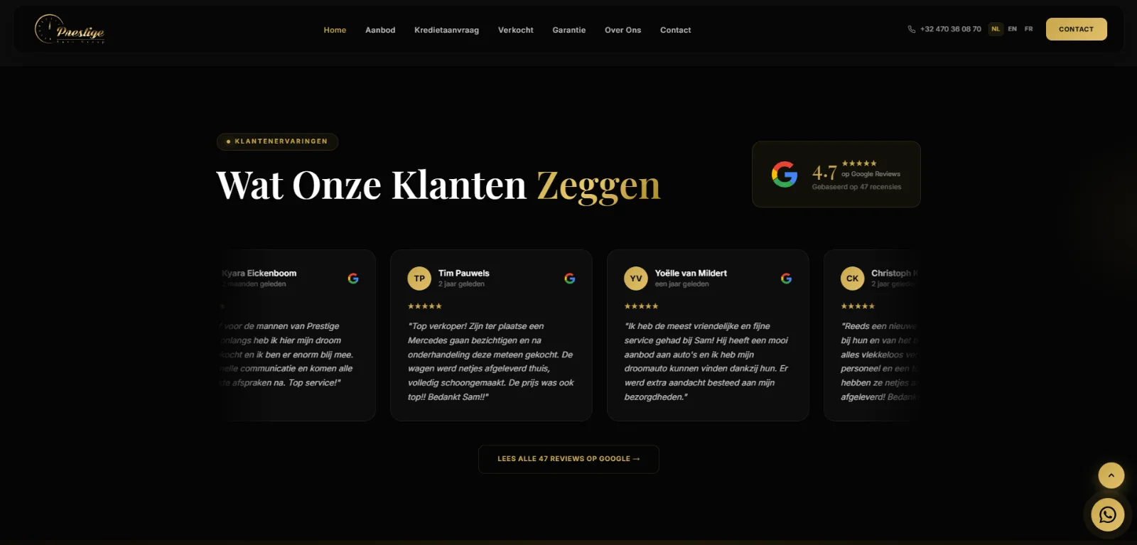 Reviews-sectie “Wat Onze Klanten Zeggen”, met de Google-score en enkele klantenreviews.