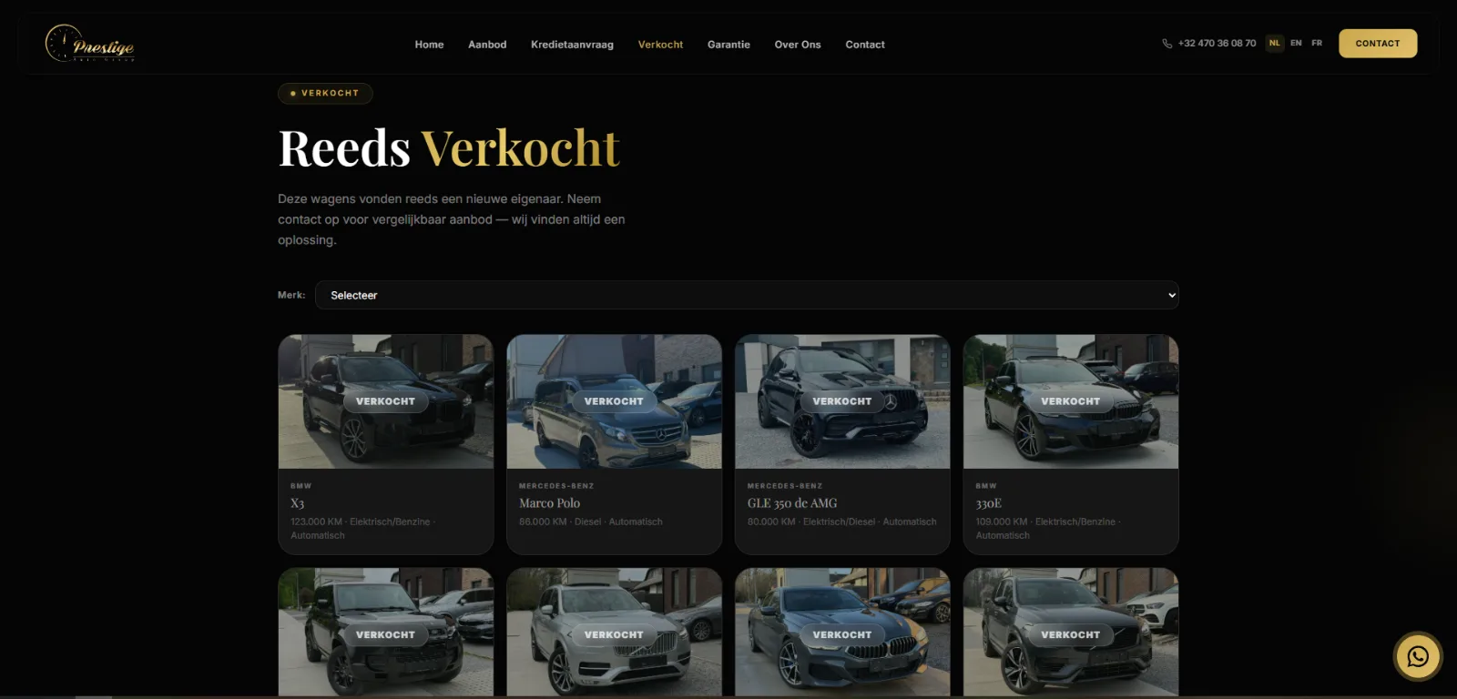 Pagina met verkochte wagens: een raster met een merkfilter en per wagen kilometerstand, brandstof en transmissie.